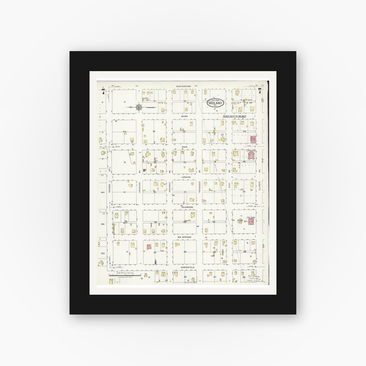 Old map wall art mockup — black gallery frame with white mat — Sanborn Fire Insurance Map from Midland, Midland County, Texas (1925), Sheet #0007