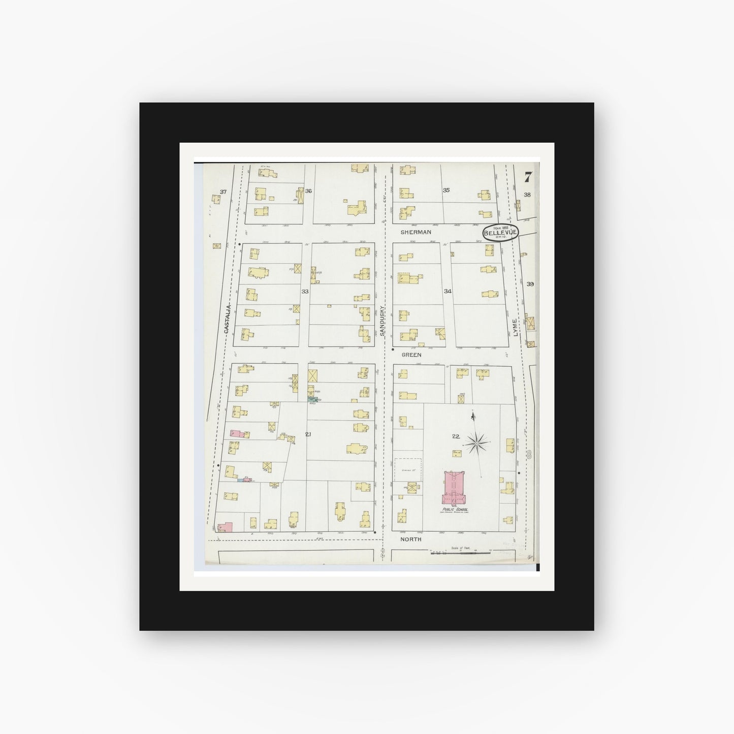Old map wall art mockup — black gallery frame with white mat — Sanborn Fire Insurance Map from Bellevue, Huron And Sandusky County, Ohio (1893), Sheet #0007
