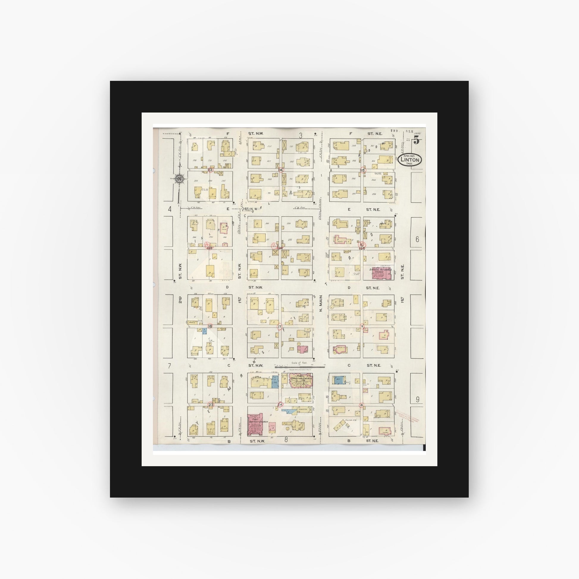 Old map wall art mockup — black gallery frame with white mat — Sanborn Fire Insurance Map from Linton, Greene County, Indiana (1948), Sheet #0005