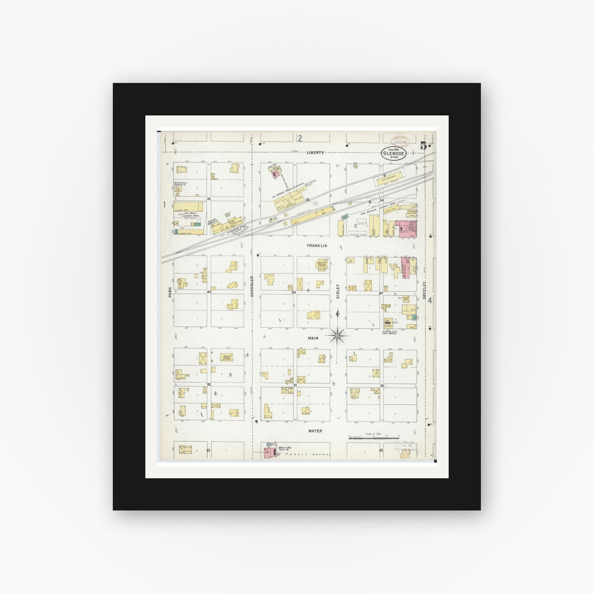 Old map wall art mockup — black gallery frame with white mat — Sanborn Fire Insurance Map from Glencoe, Mcleod County, Minnesota (1899), Sheet #0005