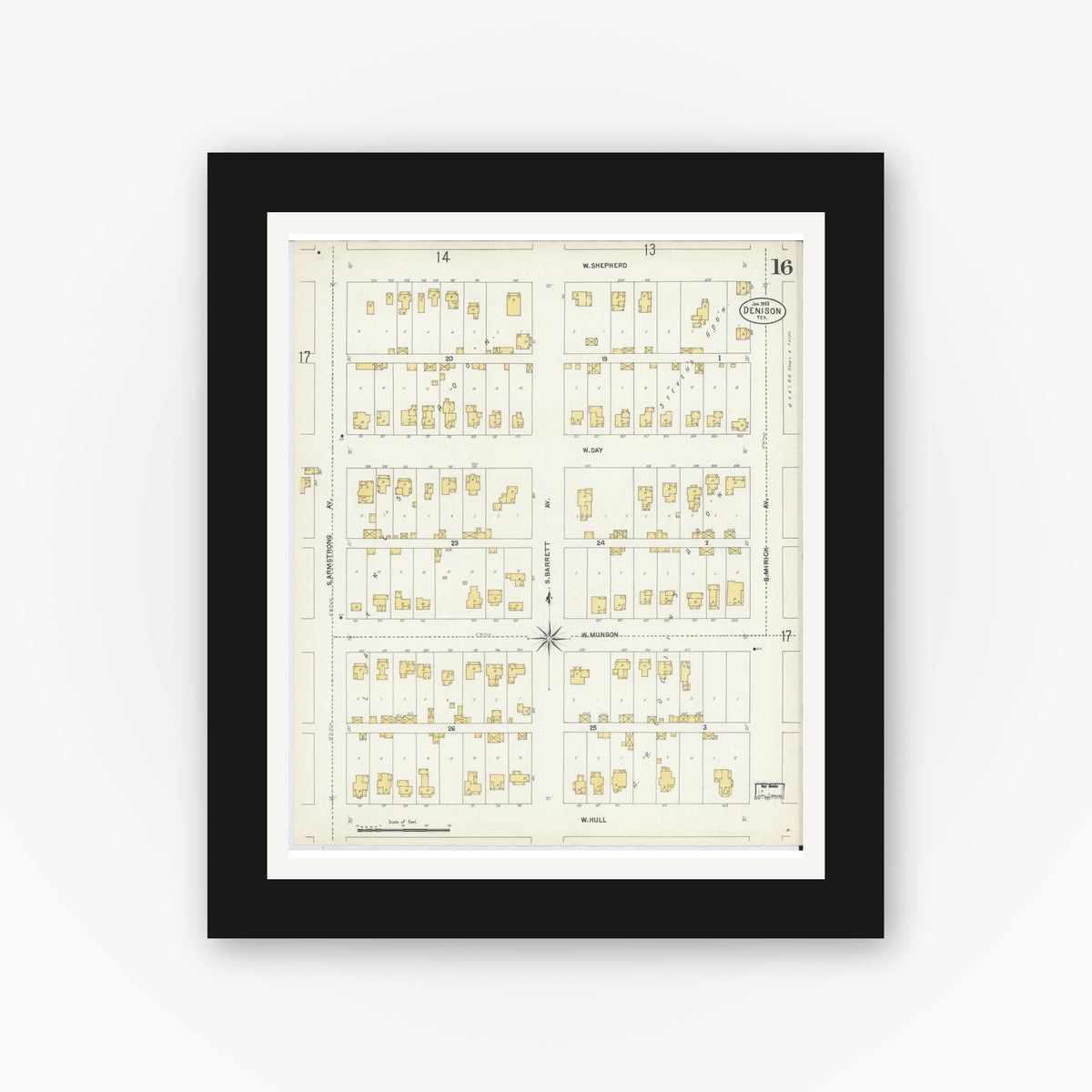 Old map wall art mockup — black gallery frame with white mat — Sanborn Fire Insurance Map from Denison, Grayson County, Texas (1903), Sheet #0016