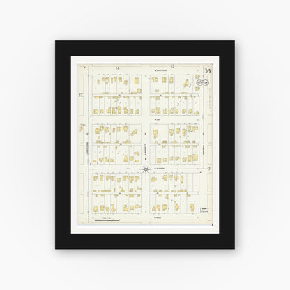 Old map wall art mockup — black gallery frame with white mat — Sanborn Fire Insurance Map from Denison, Grayson County, Texas (1903), Sheet #0016