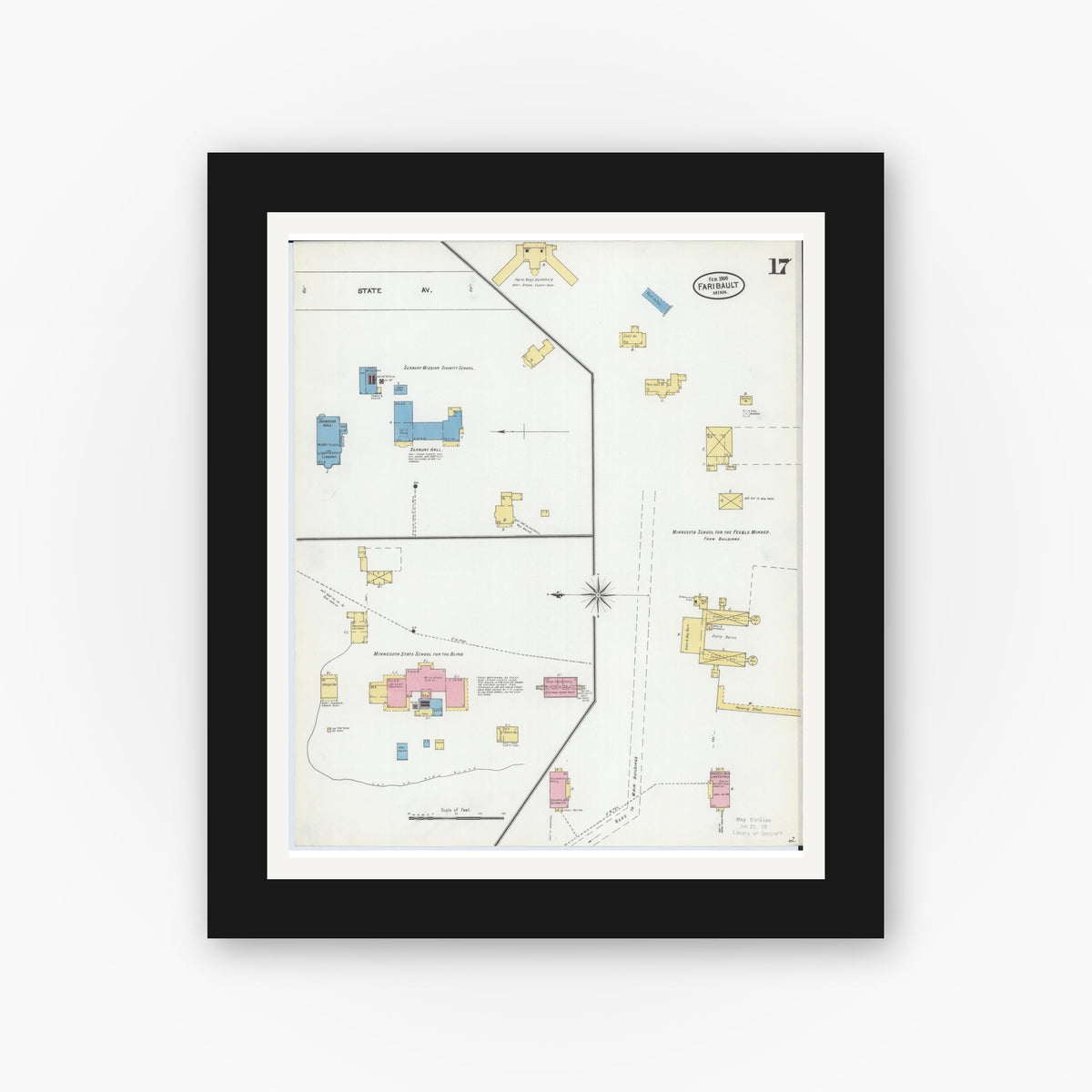 Old map wall art mockup — black gallery frame with white mat — Sanborn Fire Insurance Map from Faribault, Rice County, Minnesota (1905), Sheet #0017