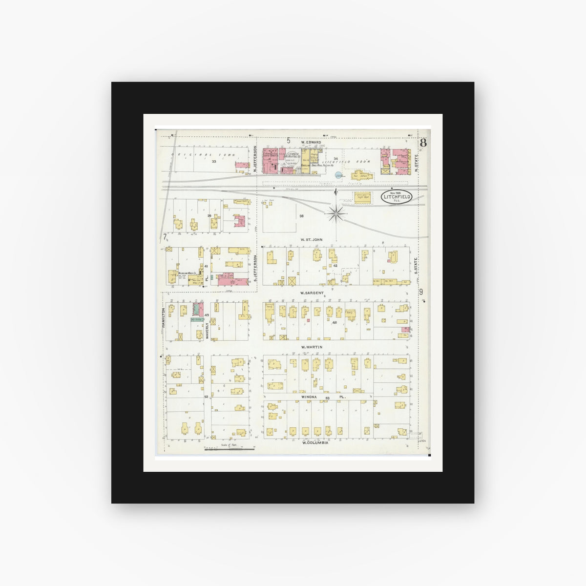 Old map wall art mockup — black gallery frame with white mat — Sanborn Fire Insurance Map from Litchfield, Montgomery County, Illinois (1905), Sheet #0008