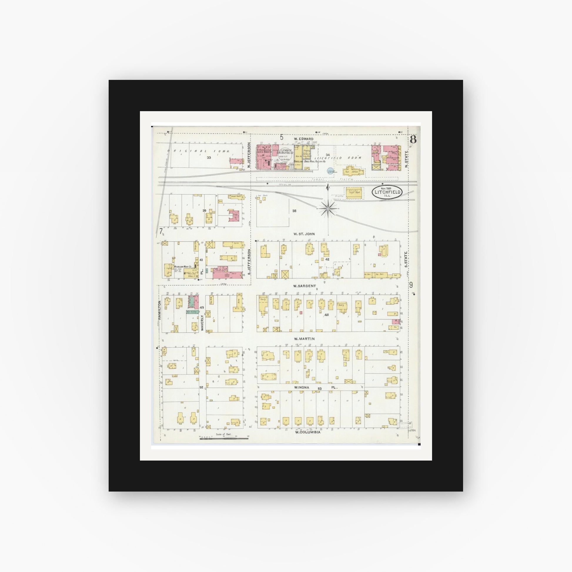 Old map wall art mockup — black gallery frame with white mat — Sanborn Fire Insurance Map from Litchfield, Montgomery County, Illinois (1905), Sheet #0008