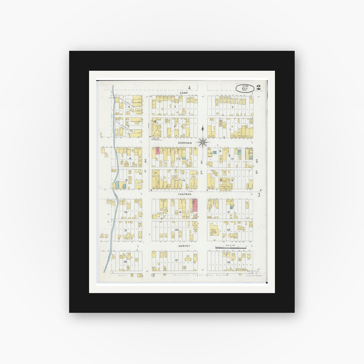 Old map wall art mockup — black gallery frame with white mat — Sanborn Fire Insurance Map from Ely, Saint Louis County, Minnesota (1900), Sheet #0002