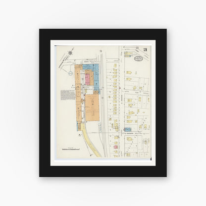 Old map wall art mockup — black gallery frame with white mat — Sanborn Fire Insurance Map from Pontiac, Oakland County, Michigan (1915), Sheet #0021