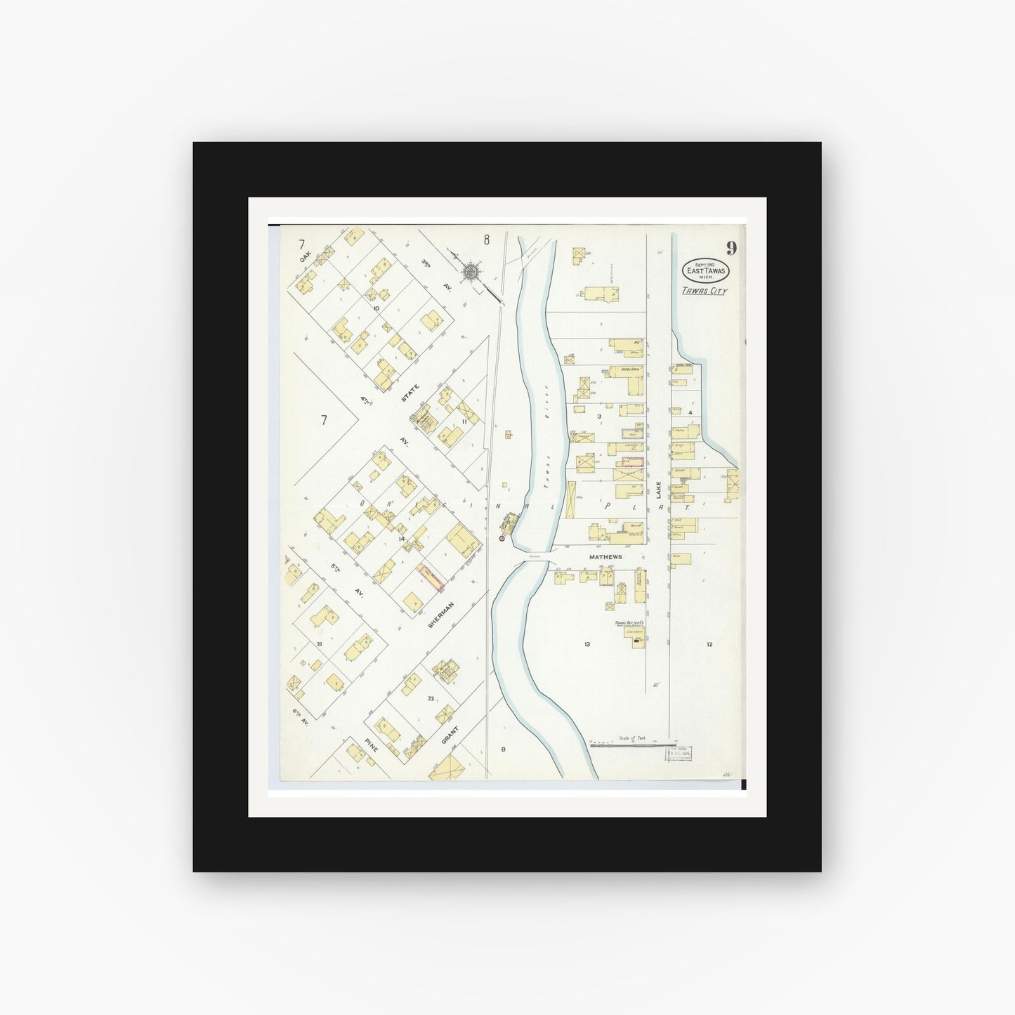 Old map wall art mockup — black gallery frame with white mat — Sanborn Fire Insurance Map from East Tawas, Iosco County, Michigan (1910), Sheet #0009