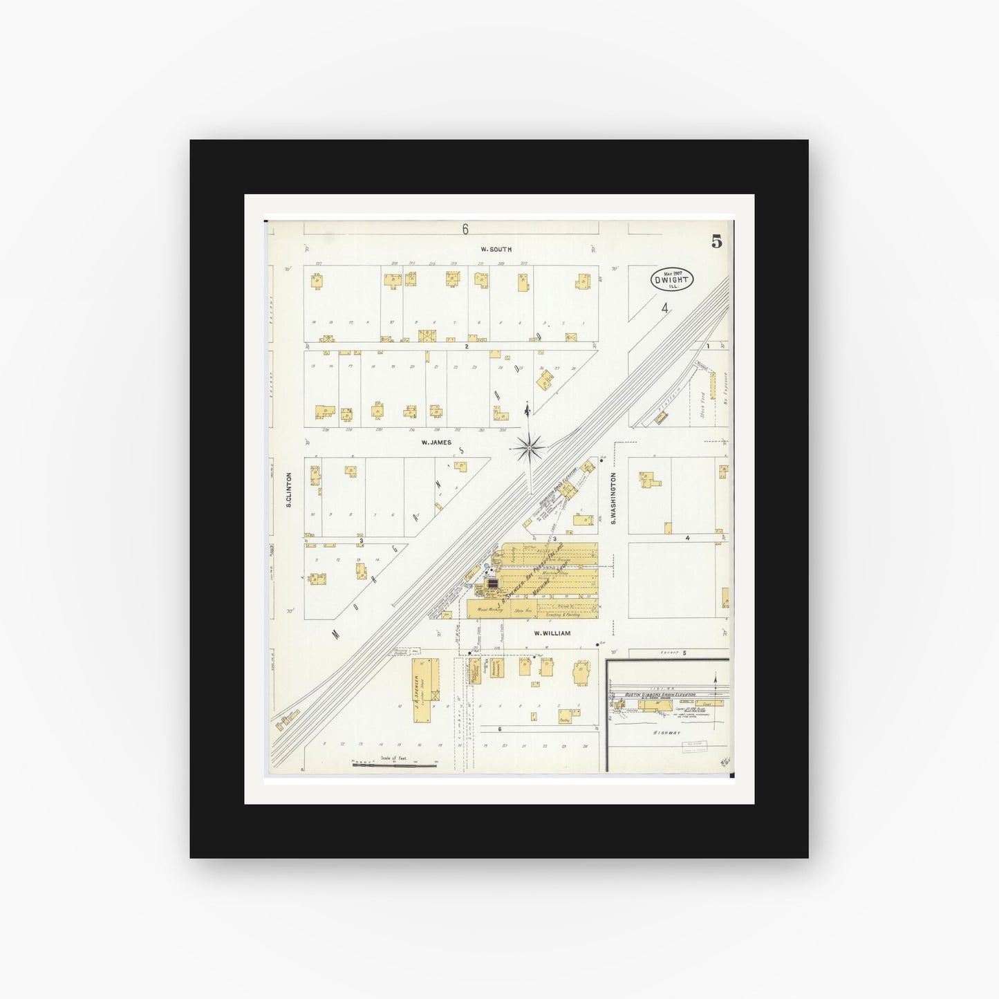 Old map wall art mockup — black gallery frame with white mat — Sanborn Fire Insurance Map from Dwight, Livingston County, Illinois (1907), Sheet #0005