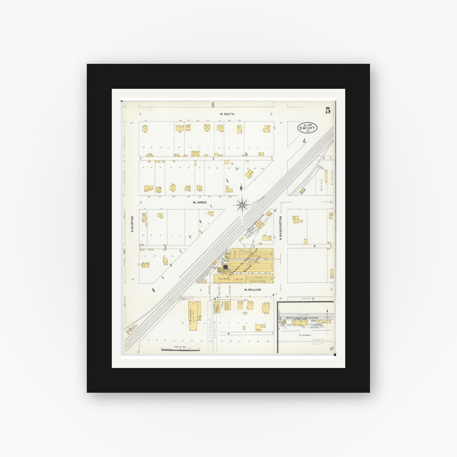 Old map wall art mockup — black gallery frame with white mat — Sanborn Fire Insurance Map from Dwight, Livingston County, Illinois (1907), Sheet #0005