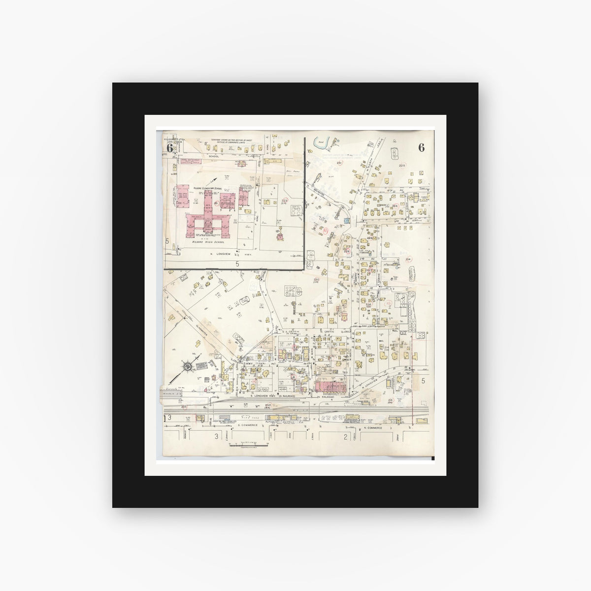 Old map wall art mockup — black gallery frame with white mat — Sanborn Fire Insurance Map from Kilgore, Gregg County, Texas (1950), Sheet #0006