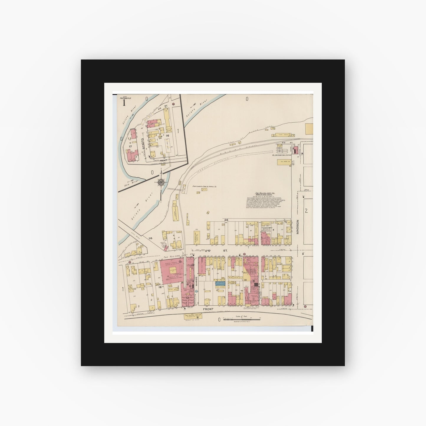 Old map wall art mockup — black gallery frame with white mat — Sanborn Fire Insurance Map from Portsmouth, Scioto County, Ohio (1921), Sheet #0001