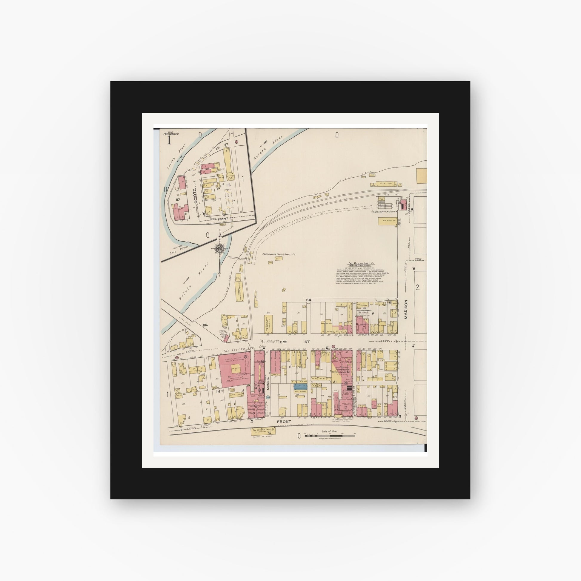 Old map wall art mockup — black gallery frame with white mat — Sanborn Fire Insurance Map from Portsmouth, Scioto County, Ohio (1921), Sheet #0001