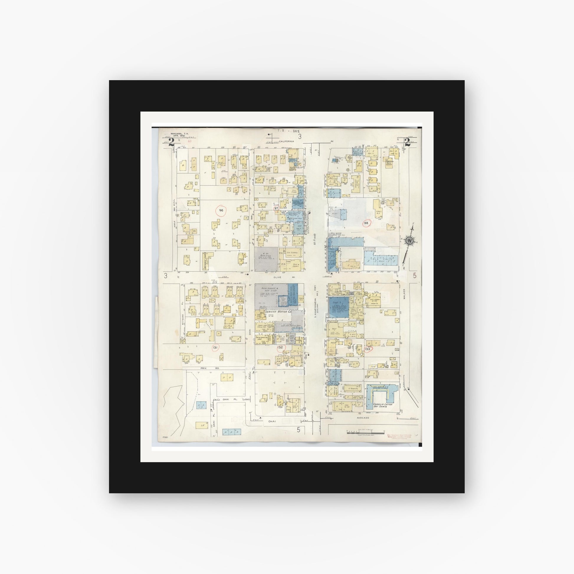 Old map wall art mockup — black gallery frame with white mat — Sanborn Fire Insurance Map from Wahiawa, Honolulu County, Hawaii (1957), Sheet #0002