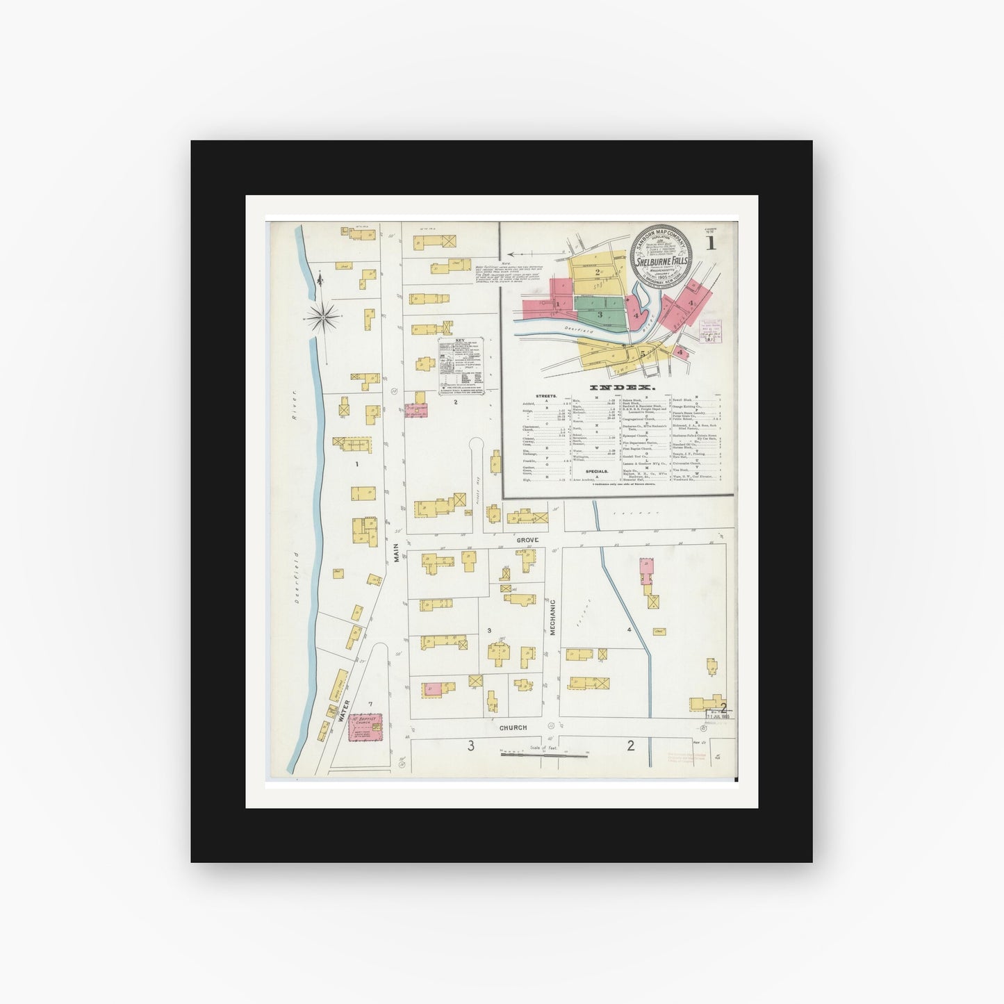 Old map wall art mockup — black gallery frame with white mat — Sanborn Fire Insurance Map from Shelburne Falls, Franklin County, Massachusetts (1905), Sheet #0001