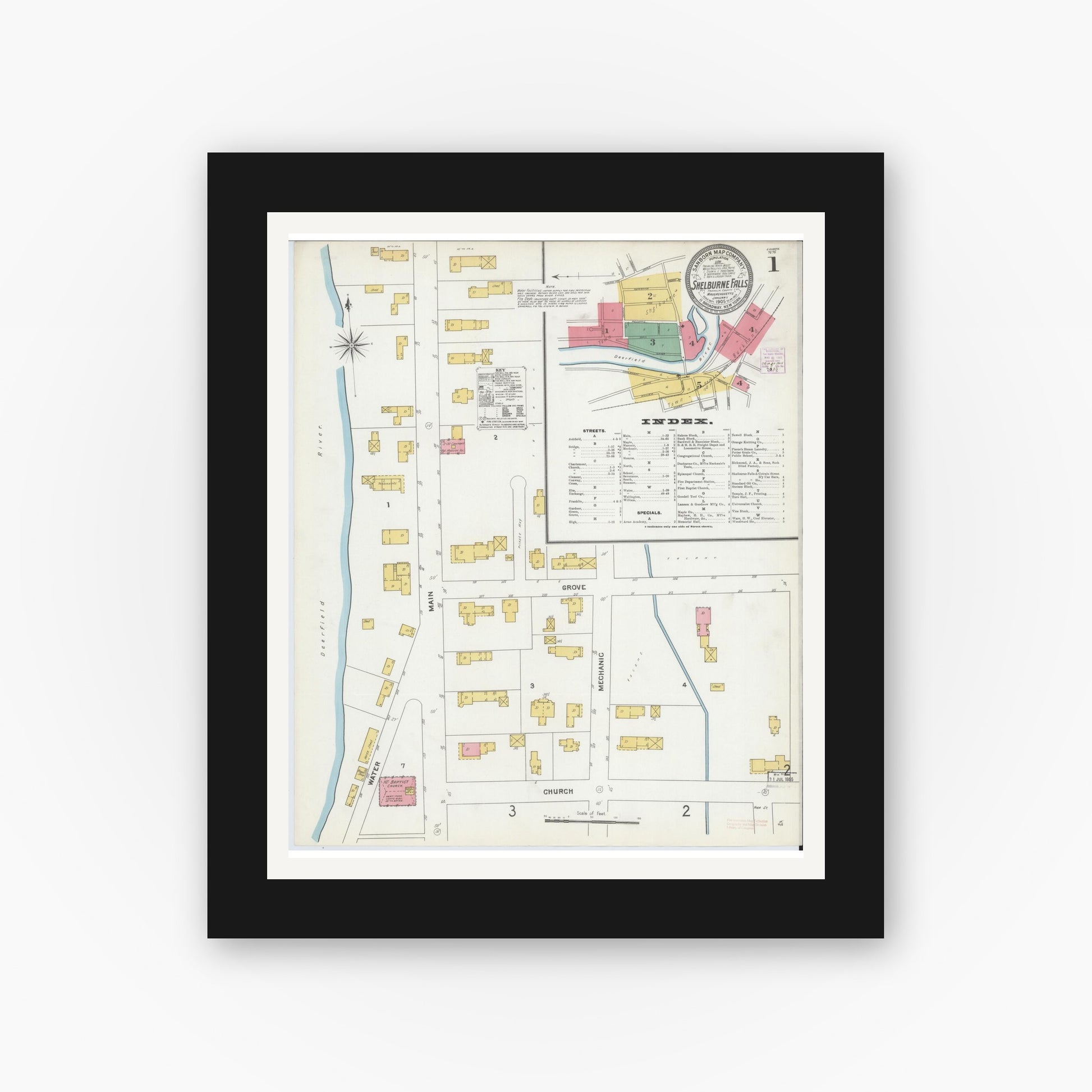 Old map wall art mockup — black gallery frame with white mat — Sanborn Fire Insurance Map from Shelburne Falls, Franklin County, Massachusetts (1905), Sheet #0001