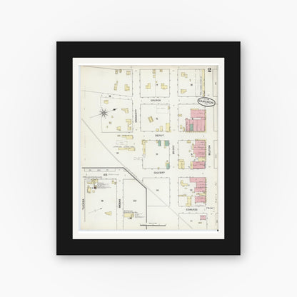 Old map wall art mockup — black gallery frame with white mat — Sanborn Fire Insurance Map from Cameron, Milam County, Texas (1891), Sheet #0002