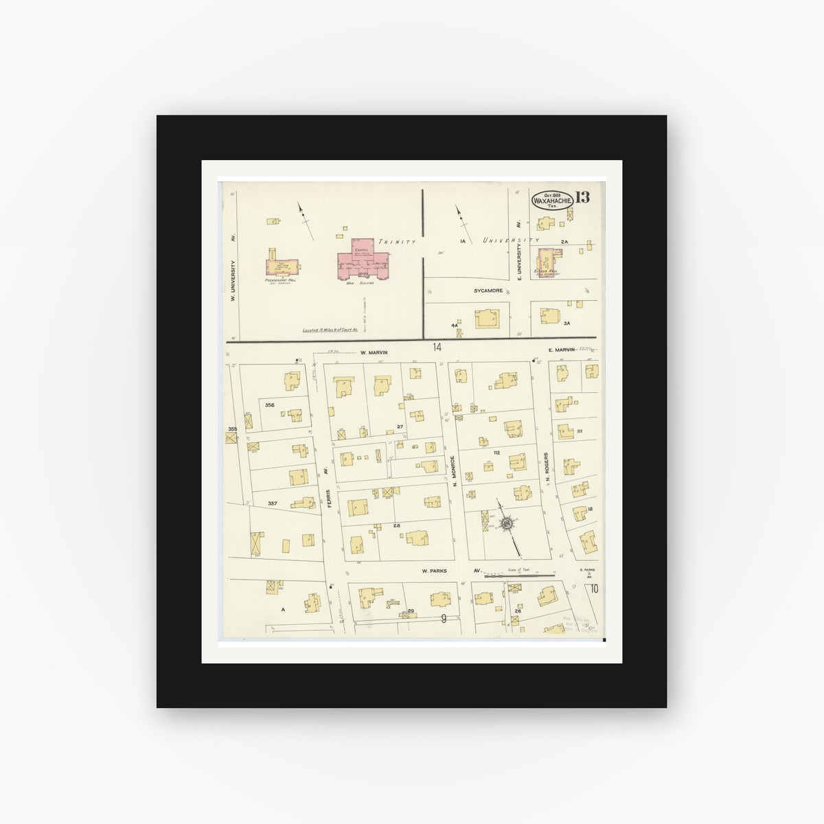 Old map wall art mockup — black gallery frame with white mat — Sanborn Fire Insurance Map from Waxahachie, Ellis County, Texas (1909), Sheet #0013
