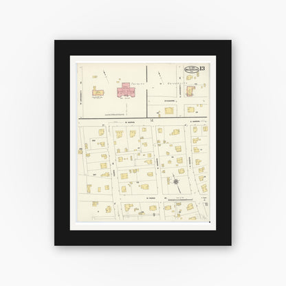 Old map wall art mockup — black gallery frame with white mat — Sanborn Fire Insurance Map from Waxahachie, Ellis County, Texas (1909), Sheet #0013