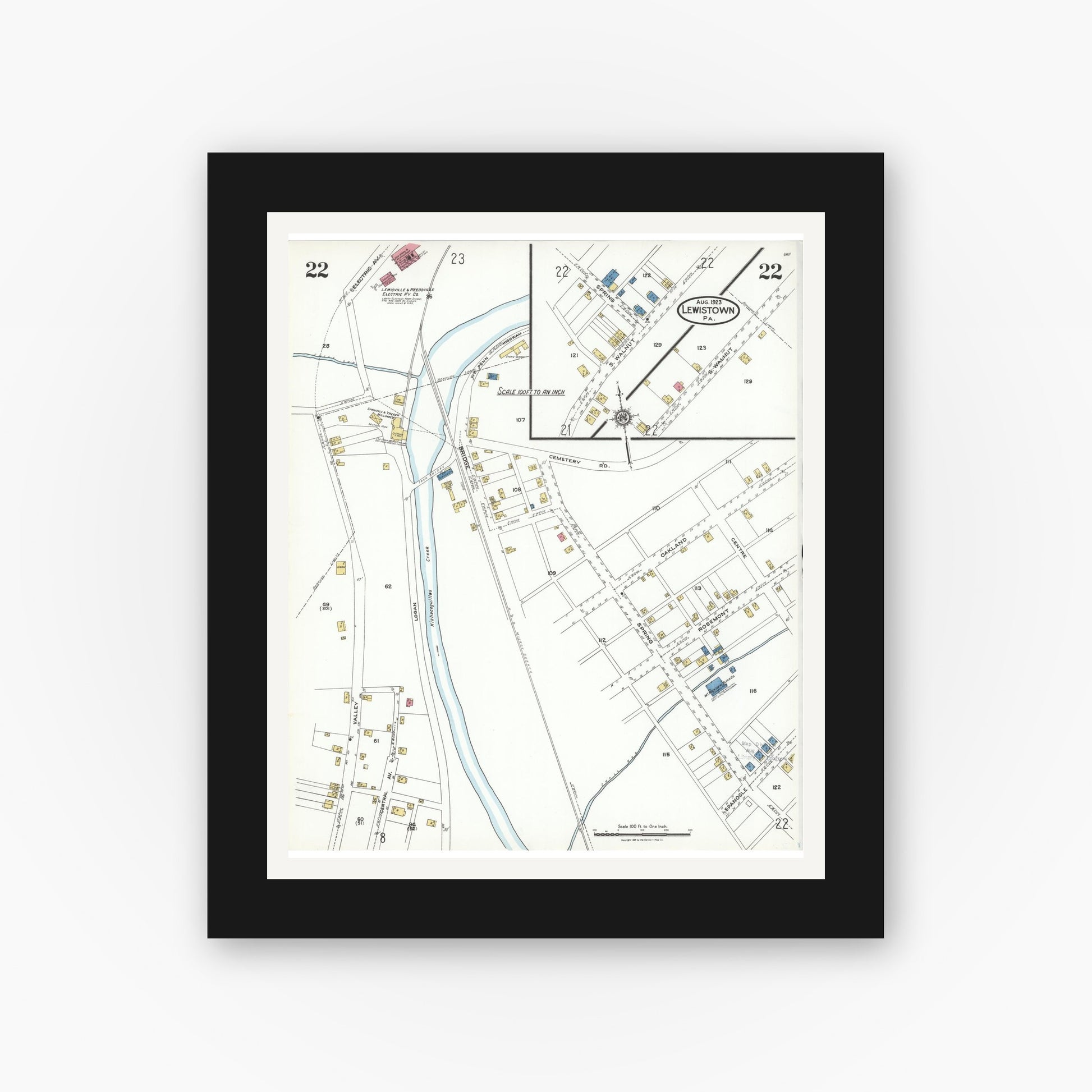 Old map wall art mockup — black gallery frame with white mat — Sanborn Fire Insurance Map from Lewistown, Mifflin County, Pennsylvania (1923), Sheet #0022