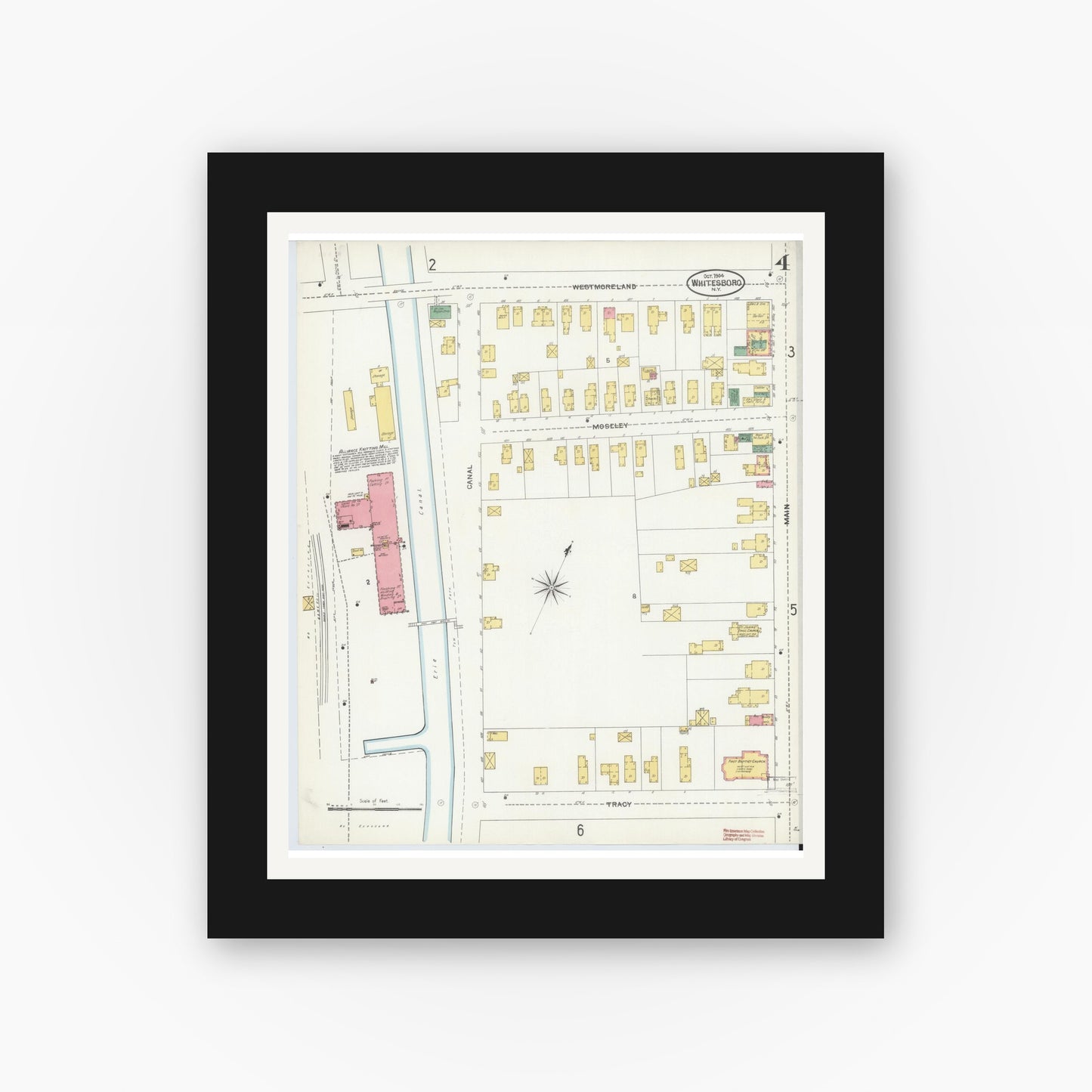 Old map wall art mockup — black gallery frame with white mat — Sanborn Fire Insurance Map from Whitesboro, Oneida County, New York (1904), Sheet #0004