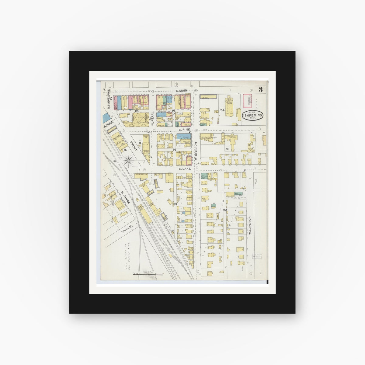 Old map wall art mockup — black gallery frame with white mat — Sanborn Fire Insurance Map from Ishpeming, Marquette County, Michigan (1892), Sheet #0003