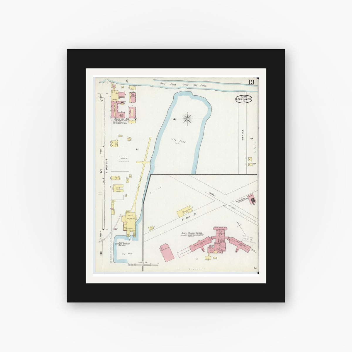 Old map wall art mockup — black gallery frame with white mat — Sanborn Fire Insurance Map from Lock Haven, Clinton County, Pennsylvania (1896), Sheet #0013