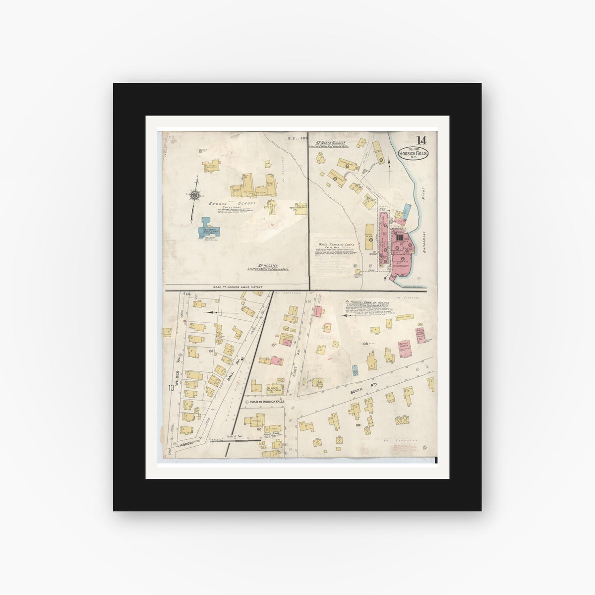 Old map wall art mockup — black gallery frame with white mat — Sanborn Fire Insurance Map from Hoosick Falls, Rensselaer County, New York (1945), Sheet #0014