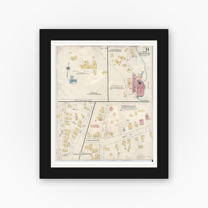Old map wall art mockup — black gallery frame with white mat — Sanborn Fire Insurance Map from Hoosick Falls, Rensselaer County, New York (1945), Sheet #0014