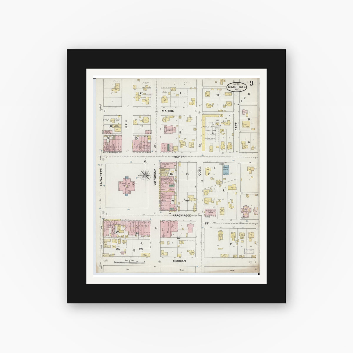 Old map wall art mockup — black gallery frame with white mat — Sanborn Fire Insurance Map from Marshall, Saline County, Missouri (1889), Sheet #0003