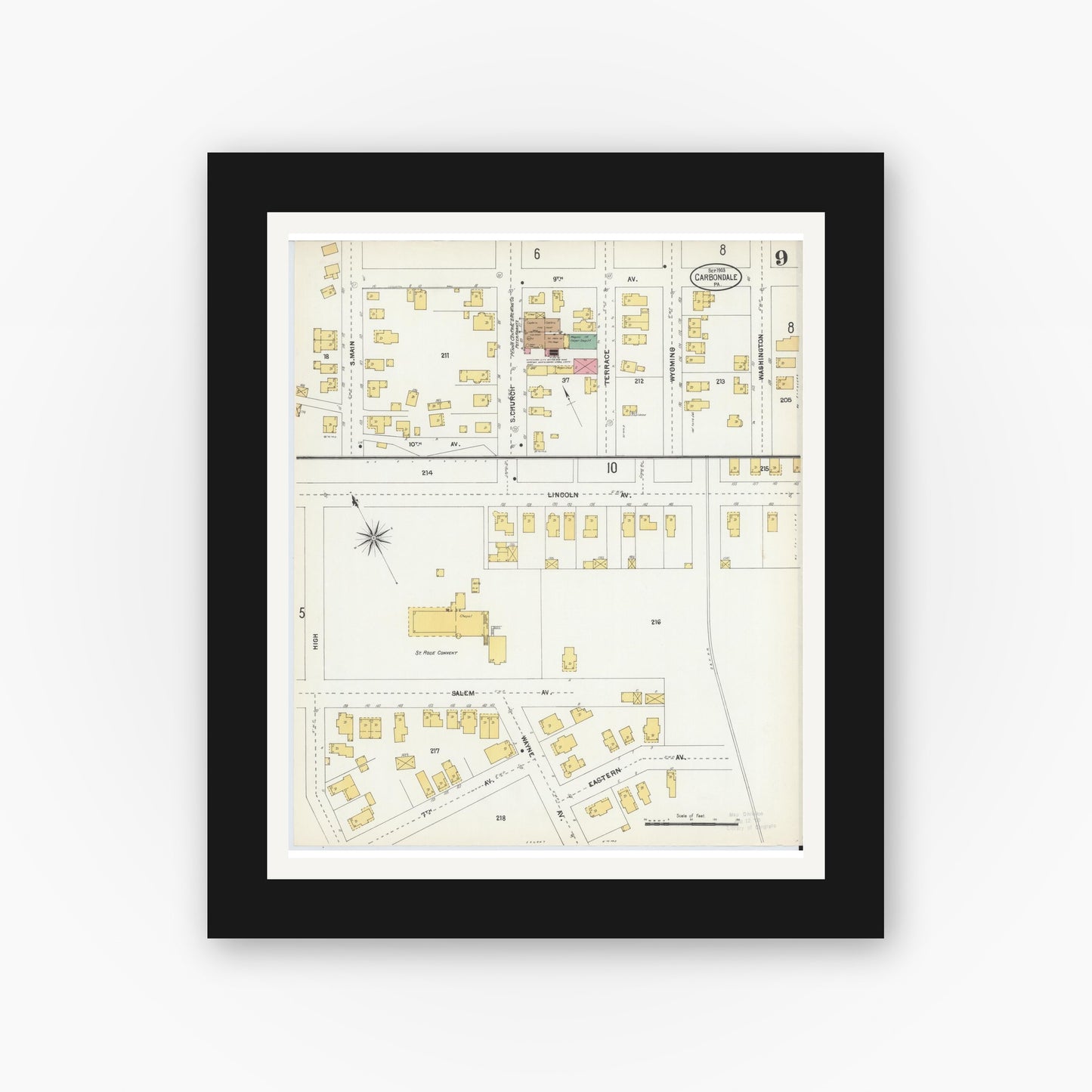 Old map wall art mockup — black gallery frame with white mat — Sanborn Fire Insurance Map from Carbondale, Lackawanna County, Pennsylvania (1903), Sheet #0009