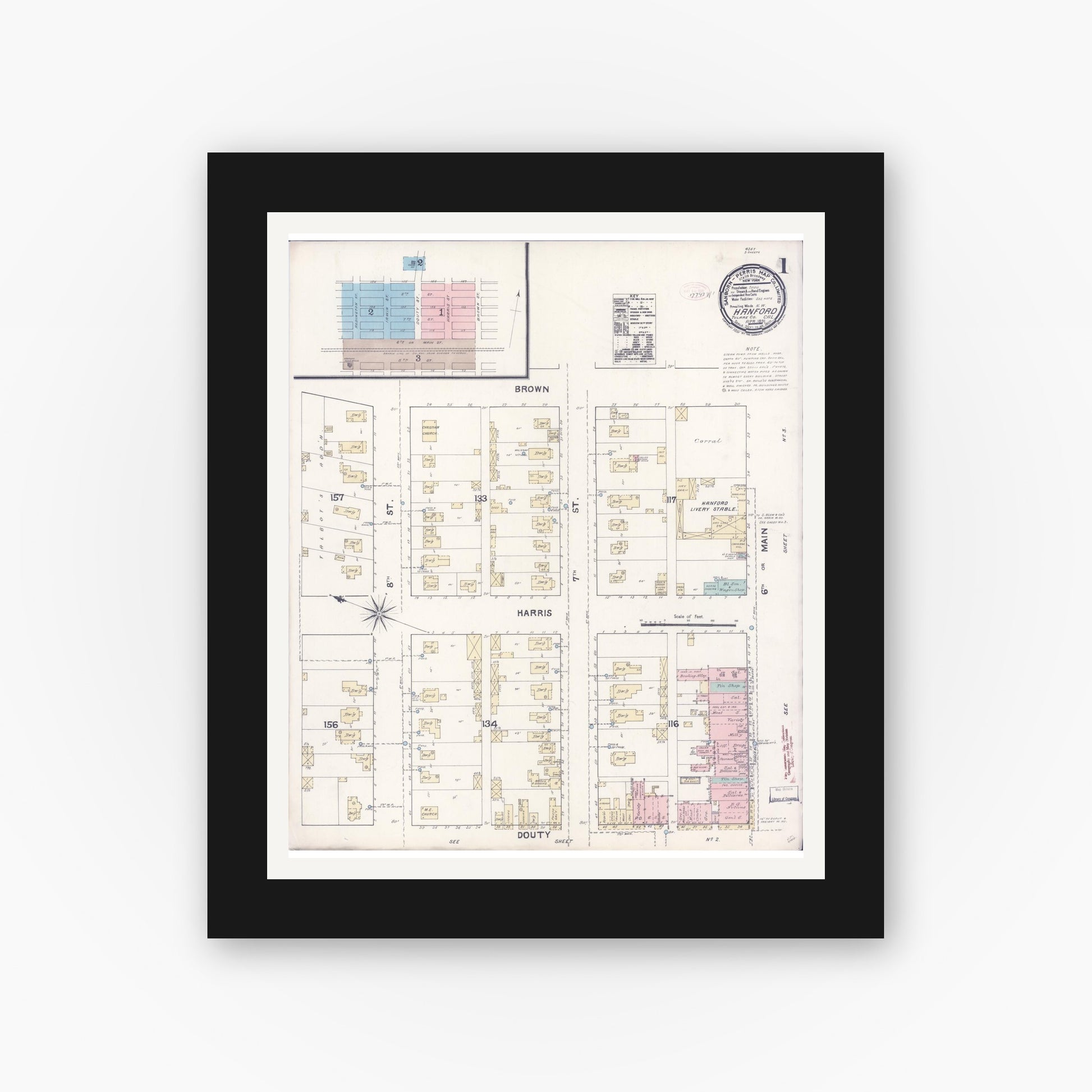 Old map wall art mockup — black gallery frame with white mat — Sanborn Fire Insurance Map from Hanford, Kings County, California (1891) - Complete Map Set