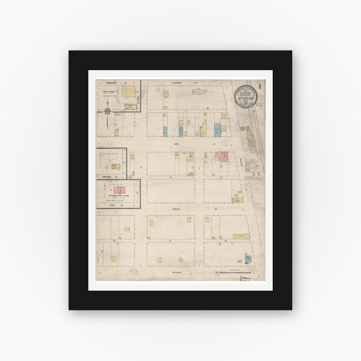 Old map wall art mockup — black gallery frame with white mat — Sanborn Fire Insurance Map from Mcfarland, Kern County, California (1914), Sheet #0001