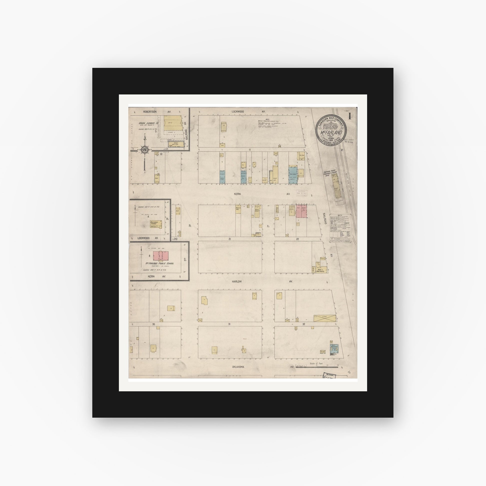 Old map wall art mockup — black gallery frame with white mat — Sanborn Fire Insurance Map from Mcfarland, Kern County, California (1914), Sheet #0001