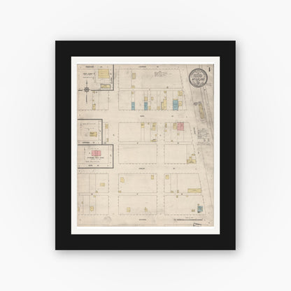Old map wall art mockup — black gallery frame with white mat — Sanborn Fire Insurance Map from Mcfarland, Kern County, California (1914), Sheet #0001