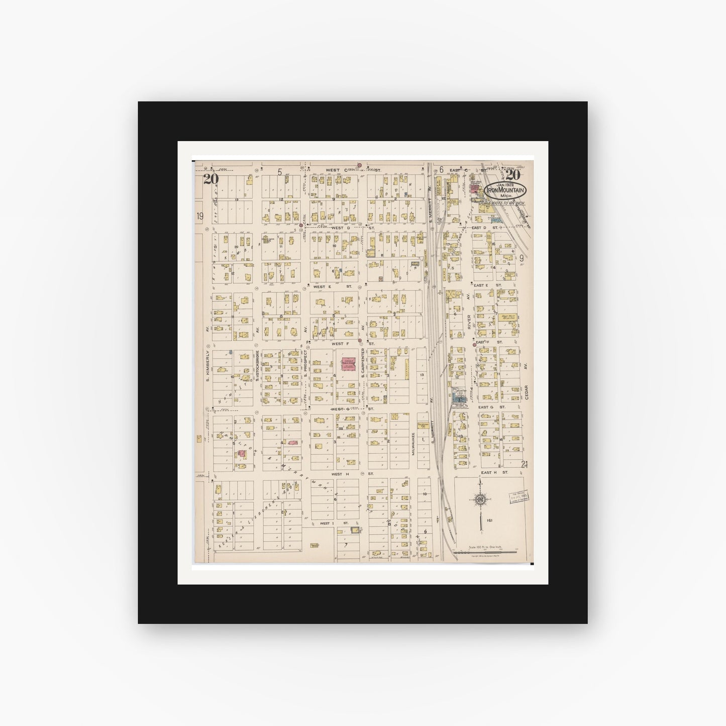 Old map wall art mockup — black gallery frame with white mat — Sanborn Fire Insurance Map from Iron Mountain, Dickinson County, Michigan (1923), Sheet #0020