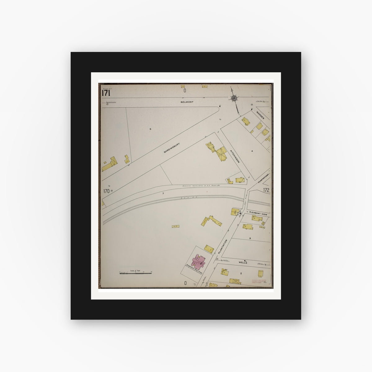 Old map wall art mockup — black gallery frame with white mat — Sanborn Fire Insurance Map from Worcester, Worcester County, Massachusetts (1910), Sheet #0171