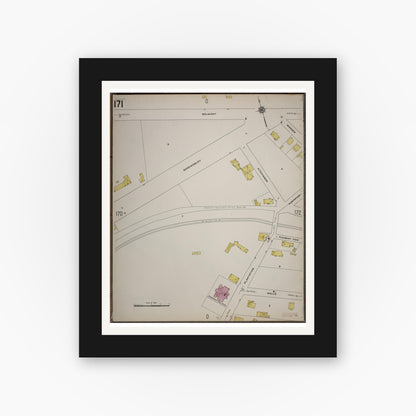 Old map wall art mockup — black gallery frame with white mat — Sanborn Fire Insurance Map from Worcester, Worcester County, Massachusetts (1910), Sheet #0171