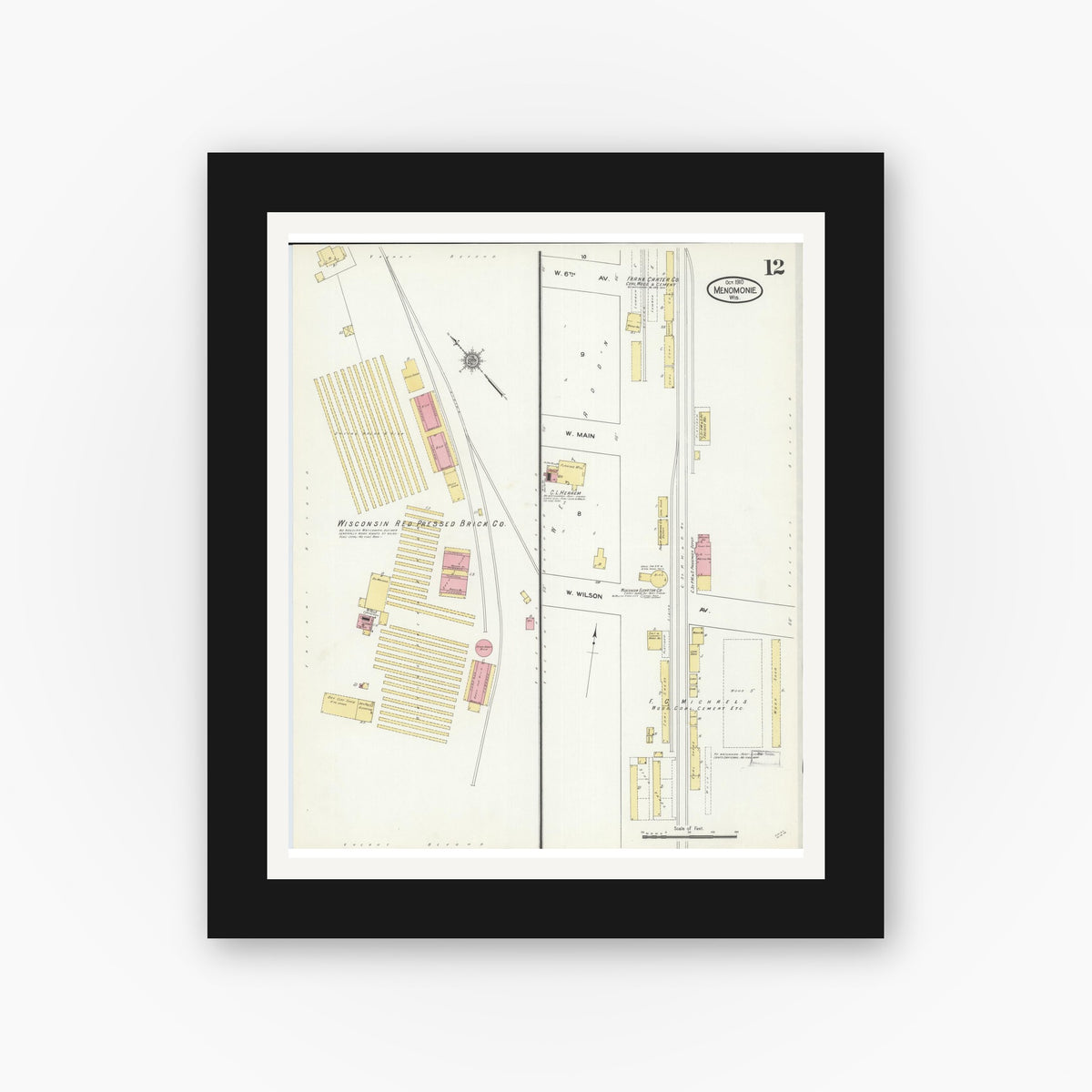 Old map wall art mockup — black gallery frame with white mat — Sanborn Fire Insurance Map from Menomonie, Dunn County, Wisconsin (1910), Sheet #0012