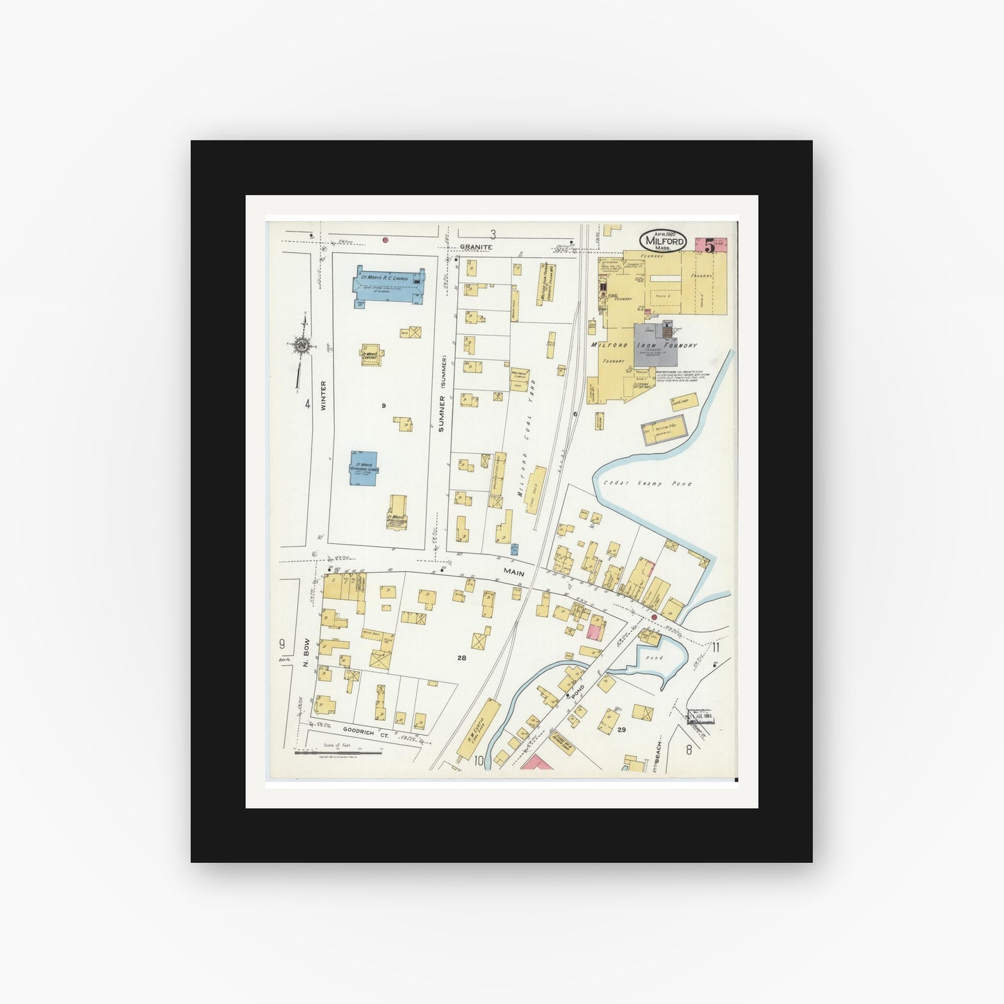 Old map wall art mockup — black gallery frame with white mat — Sanborn Fire Insurance Map from Milford, Worcester County, Massachusetts (1920), Sheet #0005