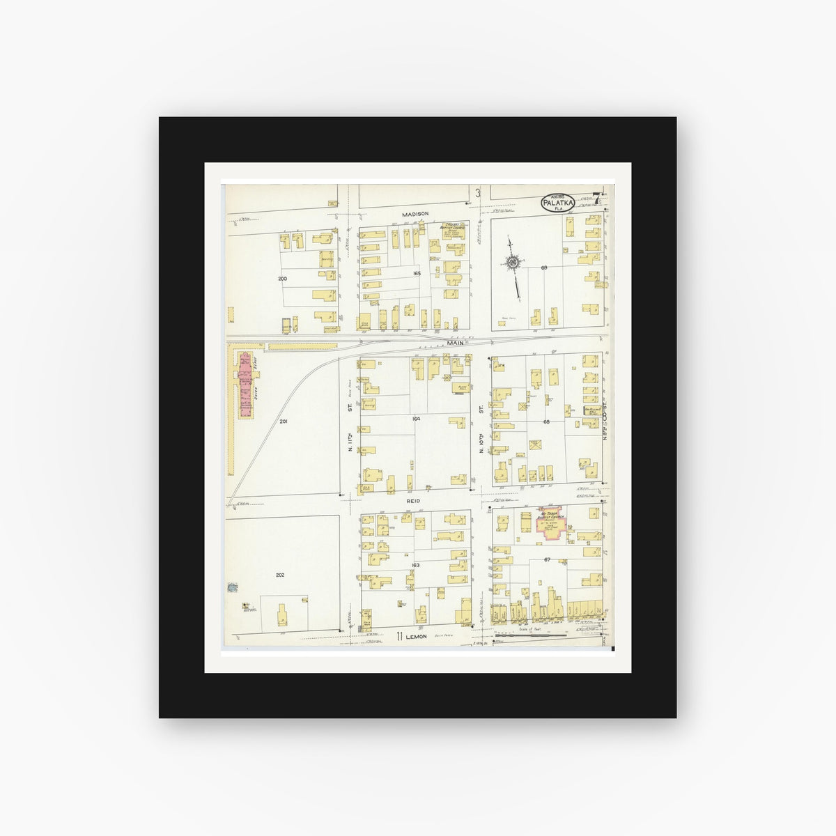 Old map wall art mockup — black gallery frame with white mat — Sanborn Fire Insurance Map from Palatka, Putnam County, Florida (1915), Sheet #0007
