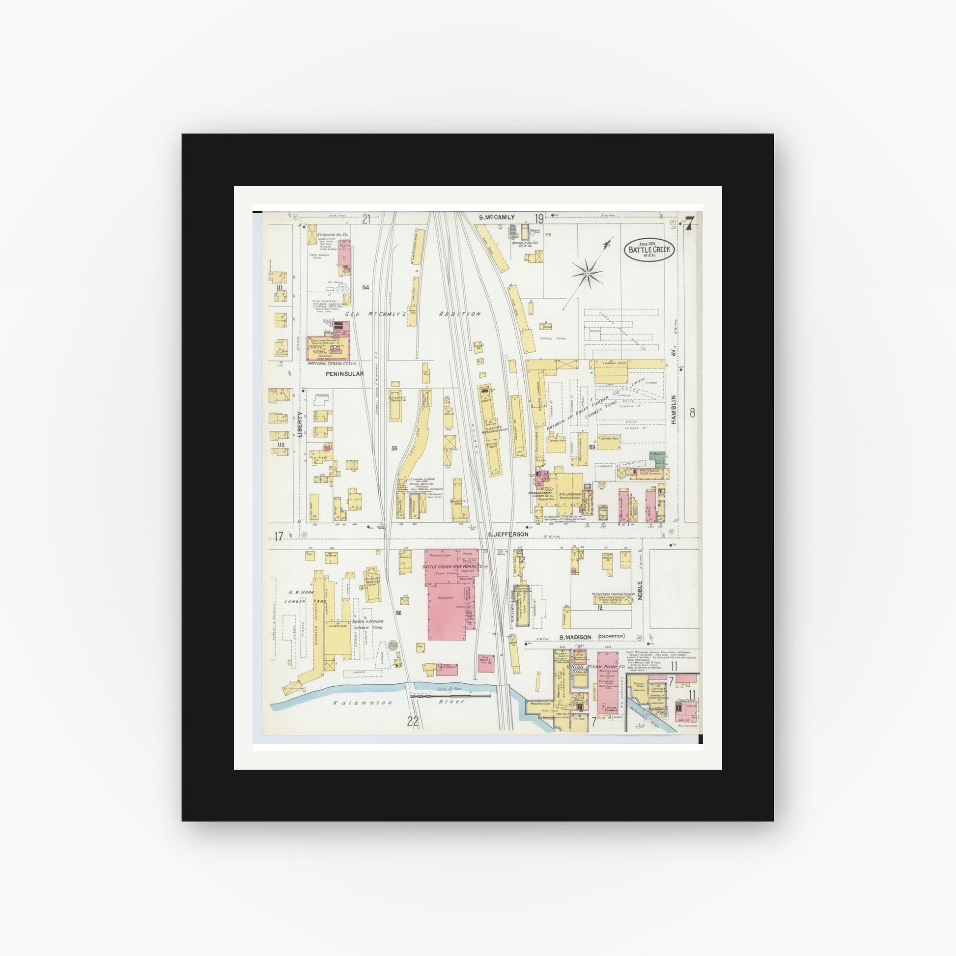 Old map wall art mockup — black gallery frame with white mat — Sanborn Fire Insurance Map from Battle Creek, Calhoun County, Michigan (1902), Sheet #0007