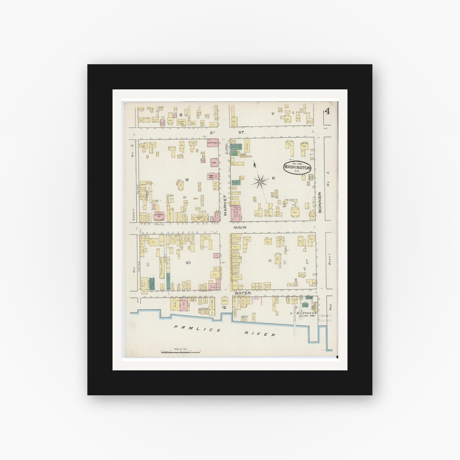 Old map wall art mockup — black gallery frame with white mat — Sanborn Fire Insurance Map from Washington, Beaufort County, North Carolina (1885), Sheet #0004