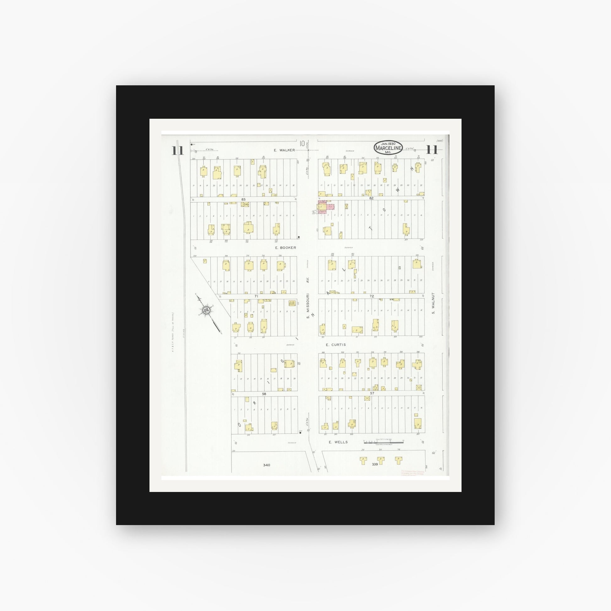 Old map wall art mockup — black gallery frame with white mat — Sanborn Fire Insurance Map from Marceline, Linn County, Missouri (1930), Sheet #0011