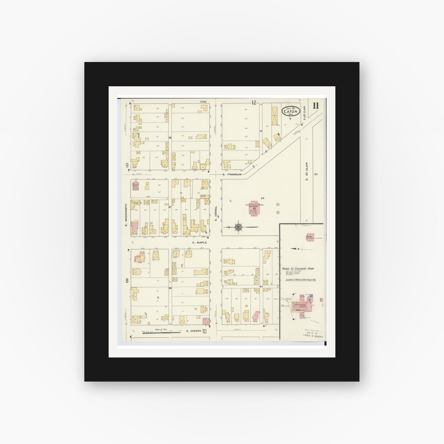 Old map wall art mockup — black gallery frame with white mat — Sanborn Fire Insurance Map from Eaton, Preble County, Ohio (1911), Sheet #0011