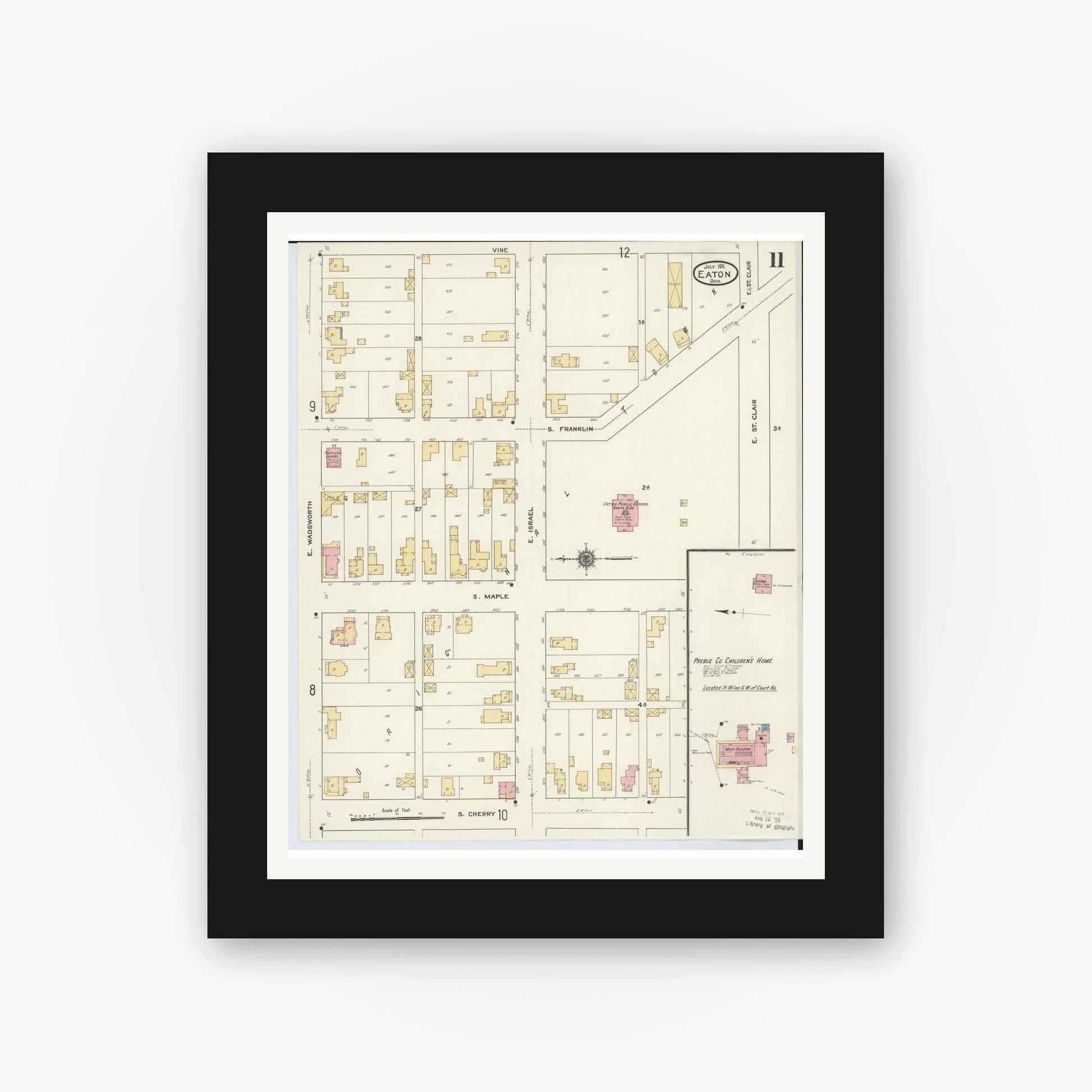 Old map wall art mockup — black gallery frame with white mat — Sanborn Fire Insurance Map from Eaton, Preble County, Ohio (1911), Sheet #0011