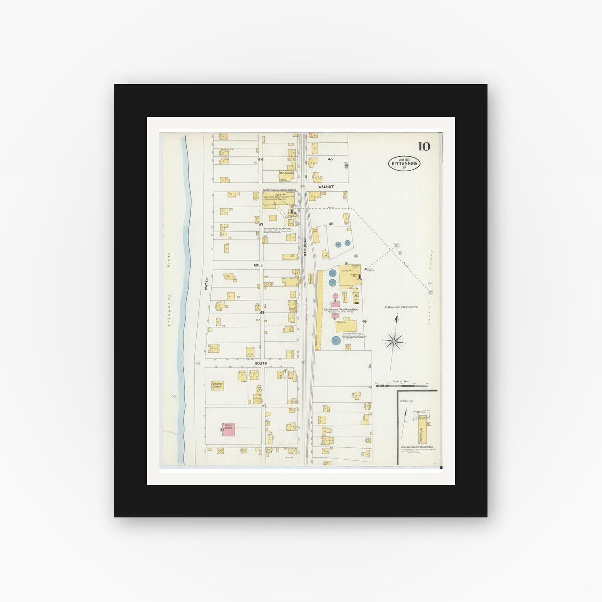 Old map wall art mockup — black gallery frame with white mat — Sanborn Fire Insurance Map from Kittanning, Armstrong County, Pennsylvania (1903), Sheet #0010