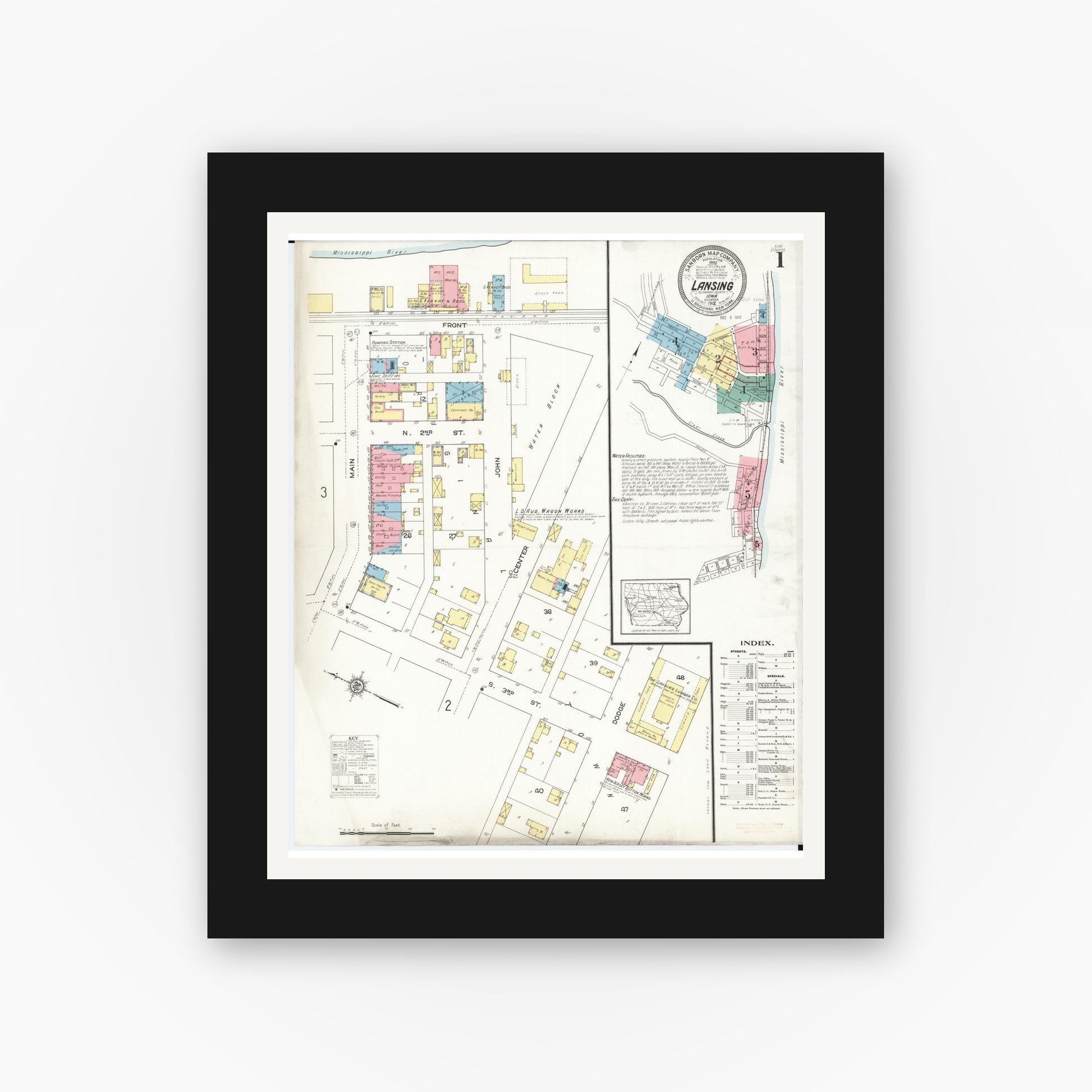 Old map wall art mockup — black gallery frame with white mat — Sanborn Fire Insurance Map from Lansing, Allamakee County, Iowa (1912), Sheet #0001