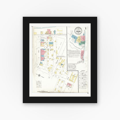 Old map wall art mockup — black gallery frame with white mat — Sanborn Fire Insurance Map from Lansing, Allamakee County, Iowa (1912), Sheet #0001