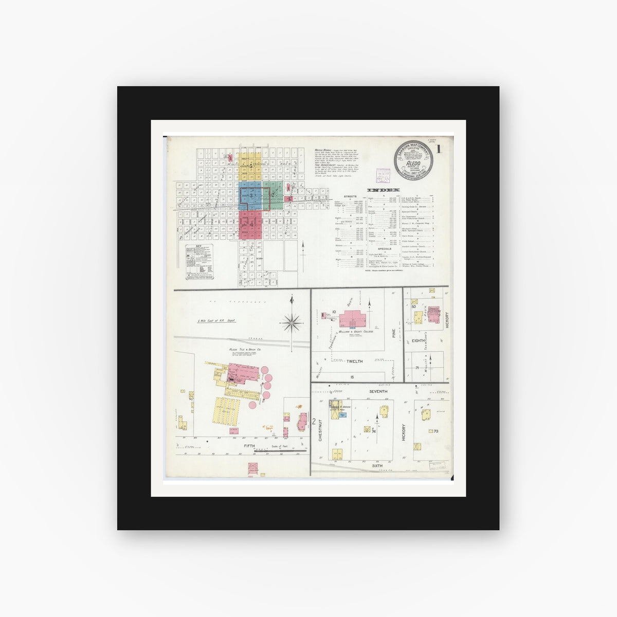 Old map wall art mockup — black gallery frame with white mat — Sanborn Fire Insurance Map from Aledo, Mercer County, Illinois (1907) - Complete Map Set